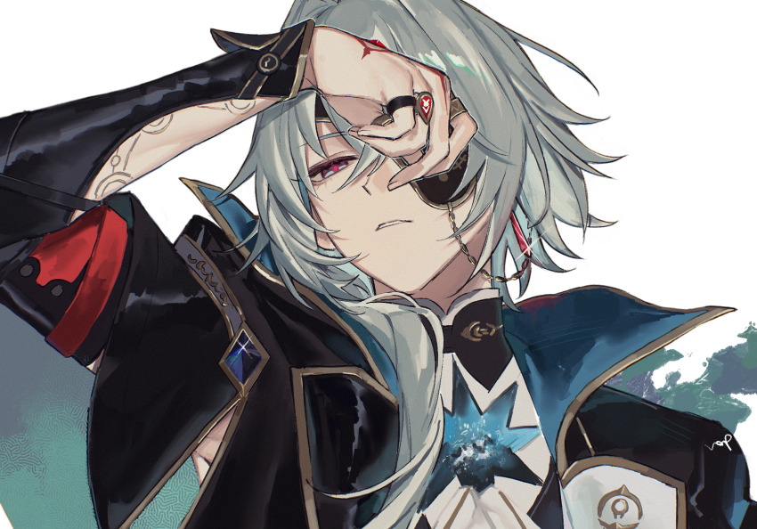 1boy, anaxa_(honkai:_star_rail), aqua_hair, ascot, black_jacket, blue_eyes, chain, commentary