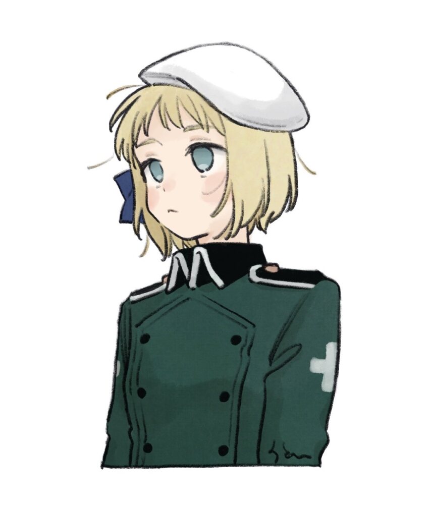 1girl, aqua_eyes, axis_powers_hetalia, beret, blonde_hair, blue_bow, blush_stickers, bow