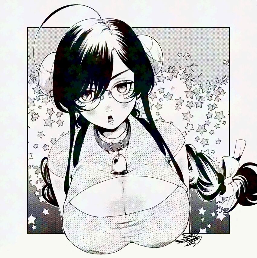 1girl, ahoge, bell, blush, border, braid, braided_twintails, breasts