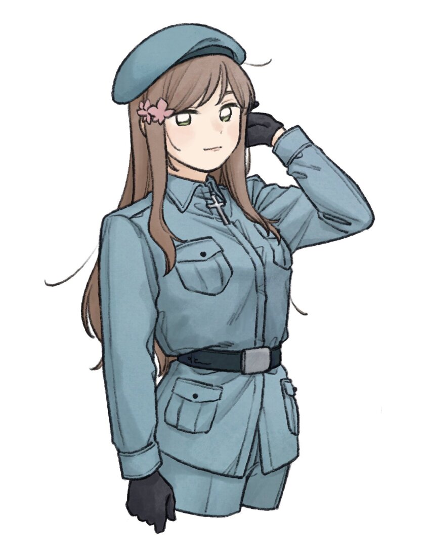 1girl, axis_powers_hetalia, beret, black_gloves, blue_hat, blue_jacket, blue_pants, breast_pocket, breasts, brown_hair, clenched_hand, closed_mouth, collared_jacket, commentary_request, cowboy_shot, cross, flower, gloves, green_eyes, hair_flower, hair_ornament, hand_up, hat, highres, hungary_(hetalia), iron_cross, jacket, long_hair, long_sleeves, looking_at_viewer, medium_breasts, mi_aph_to, military, military_hat, military_jacket, military_uniform, pants, pink_flower, pocket, sidelocks, simple_background, smile, solo, standing, white_background