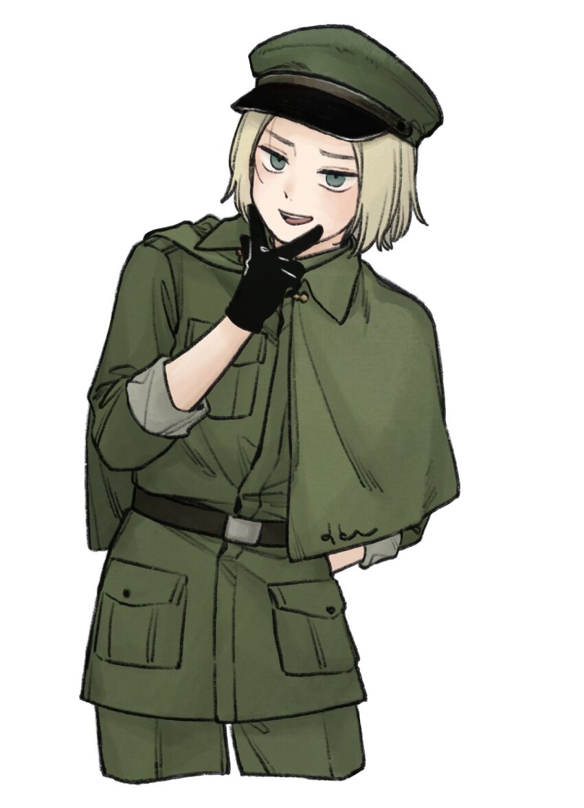 1boy, arm_behind_back, axis_powers_hetalia, black_gloves, blonde_hair, breast_pocket, capelet, collared_jacket, commentary_request, cowboy_shot, empty_eyes, gloves, green_capelet, green_eyes, green_hat, green_jacket, green_pants, half-closed_eyes, hand_on_own_chin, hand_up, hat, highres, jacket, long_sleeves, looking_afar, male_focus, mi_aph_to, military, military_hat, military_jacket, military_uniform, open_mouth, pants, peaked_cap, pocket, poland_(hetalia), short_hair, simple_background, smile, solo, standing, teeth, v, white_background