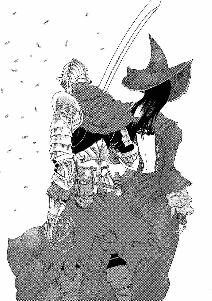 1boy, 1girl, 913kousatu, absurdres, alva_the_wayfarer, armor, back, backless_dress, backless_outfit, belt, belt_pouch, breastplate, cape, cowboy_shot, dark_souls_(series), dark_souls_ii, dress, from_behind, gauntlets, greyscale, hat, highres, holding, holding_sword, holding_weapon, knight, long_hair, monochrome, pauldrons, pouch, shoulder_armor, simple_background, standing, sword, torn_cape, torn_clothes, weapon, witch, witch_hat, zullie_the_witch