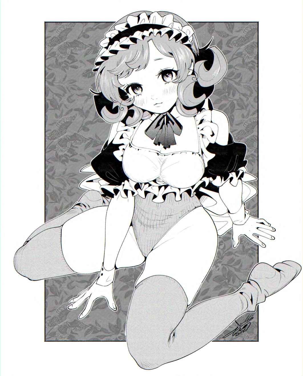 1girl, blush, border, breasts, cleavage, cuffs, filter-goshi_no_kanojo, frills