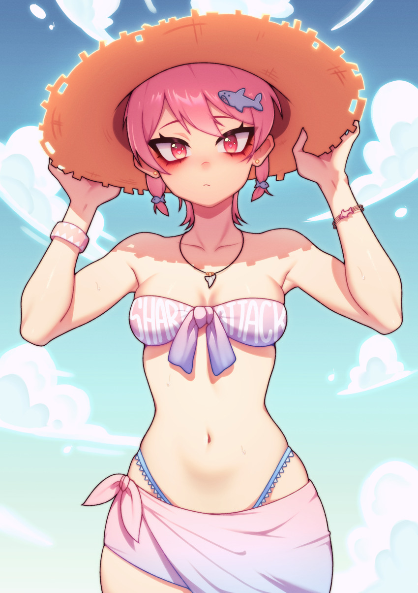 1girl, absurdres, armpits, bare_shoulders, bikini, bracelet, cawico, cloud