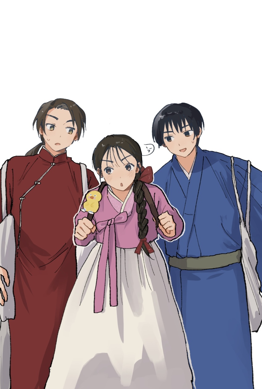 1girl, 2boys, ahoge, axis_powers_hetalia, belt, black_eyes, black_hair, blue_kimono