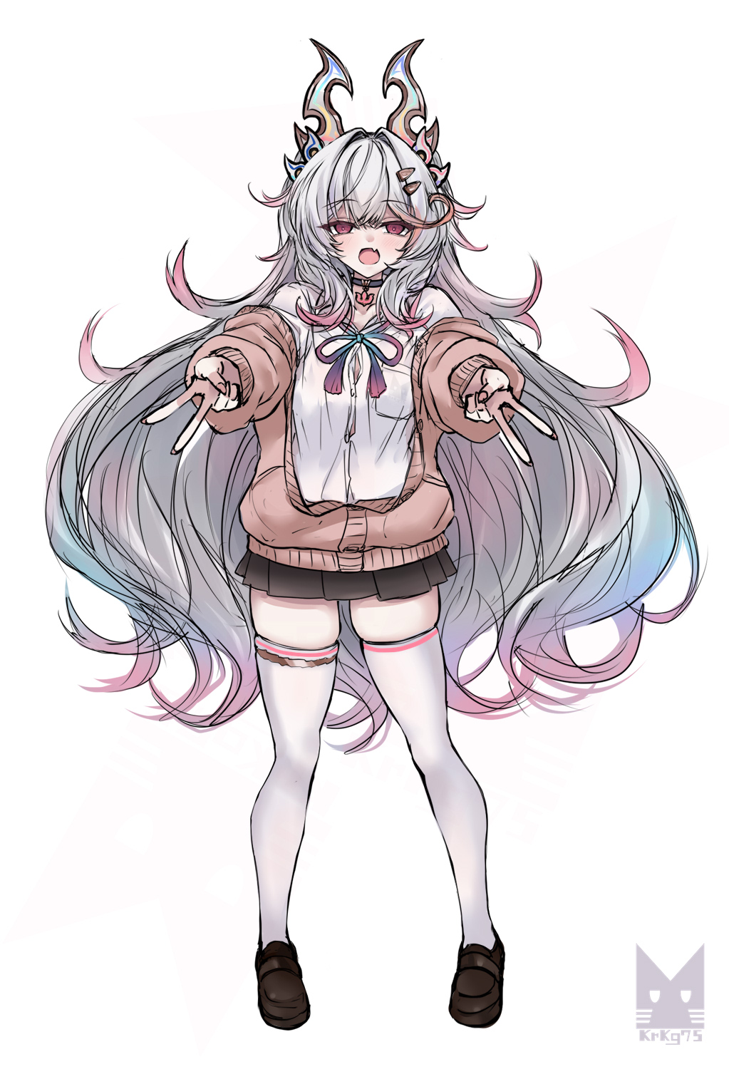 1girl, aqua_hair, artist_logo, baki_(duel_masters), black_collar, black_skirt, brown_cardigan, brown_shoes