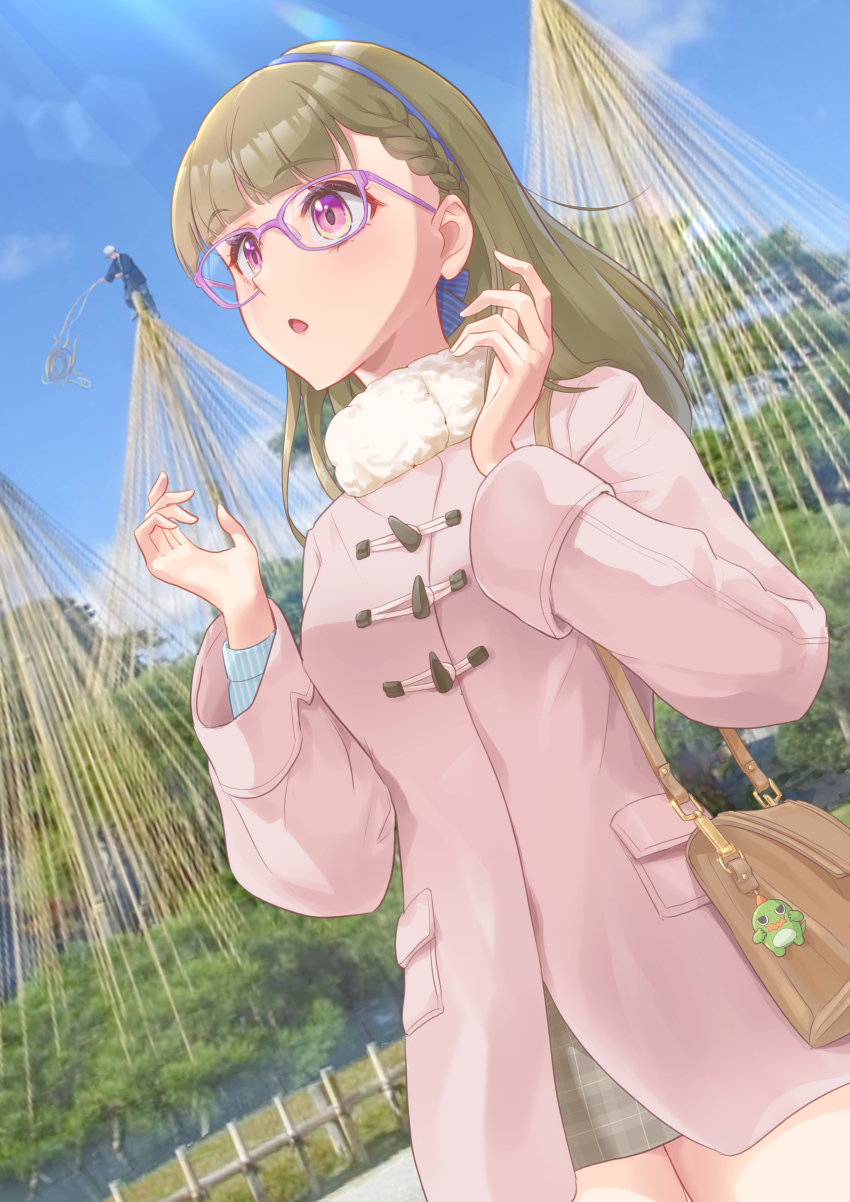 1girl, absurdres, animal_charm, bag, blush, braid, breasts, brown_bag, brown_hair, center-flap_bangs, charm_(object), coat, commentary_request, fur-trimmed_coat, fur_trim, gonzales_(love_live!), grey_skirt, highres, kachimachi_kosuzu, kachimachi_kosuzu_(winter_casual), kenroku-en, kobassy, link!_like!_love_live!, long_hair, long_sleeves, looking_ahead, love_live!, medium_breasts, official_alternate_costume, open_mouth, photo_background, pink_coat, pink_eyes, plaid_clothes, plaid_skirt, purple-framed_eyewear, shoulder_bag, side_braids, skirt, solo, virtual_youtuber, winter_clothes, winter_coat