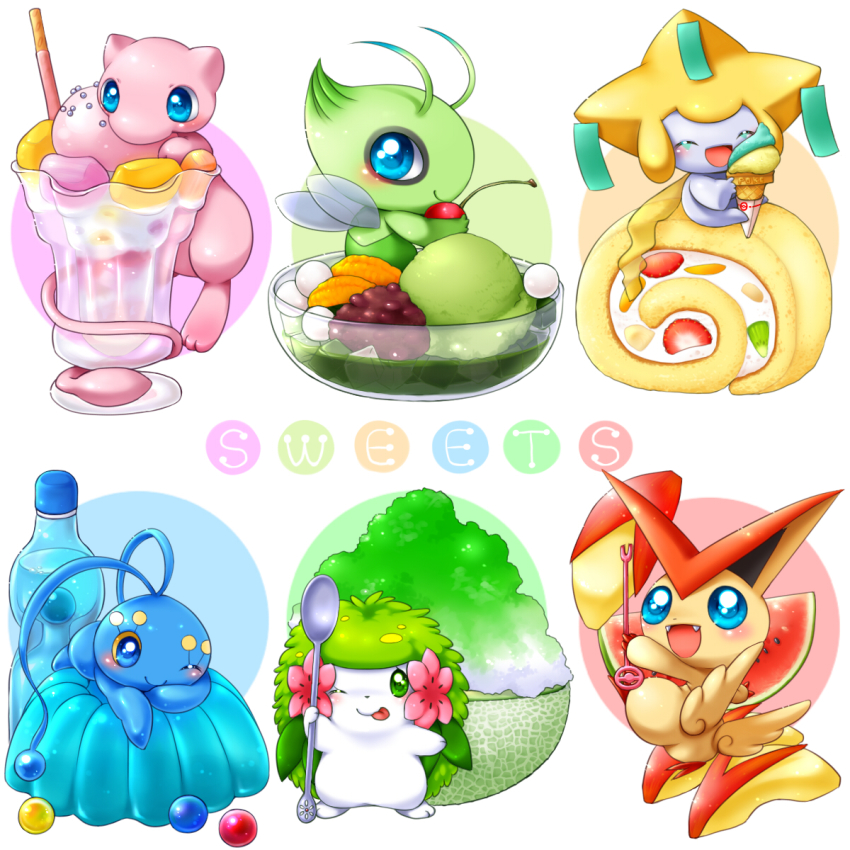:p, ^_^, aimi_(aimia492), blue_eyes, celebi, cherry, closed_eyes, dessert, food, fruit, gen_1_pokemon, gen_2_pokemon, gen_3_pokemon, gen_4_pokemon, gen_5_pokemon, green_eyes, highres, ice_cream, jirachi, legendary_pokemon, manaphy, melon, mew_(pokemon), mythical_pokemon, nintendo, pokefood, pokemon, pokemon_(creature), pudding, shaymin, sweets, tongue, tongue_out, victini