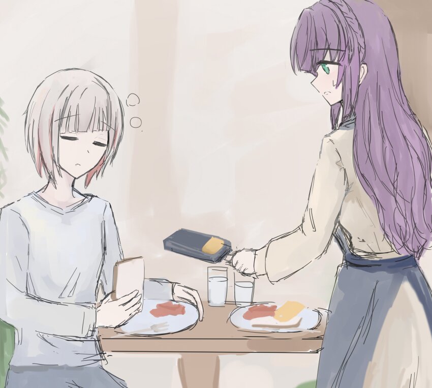 2girls, absurdres, apron, blue_apron, bread, colored_inner_hair, commentary_request, cup