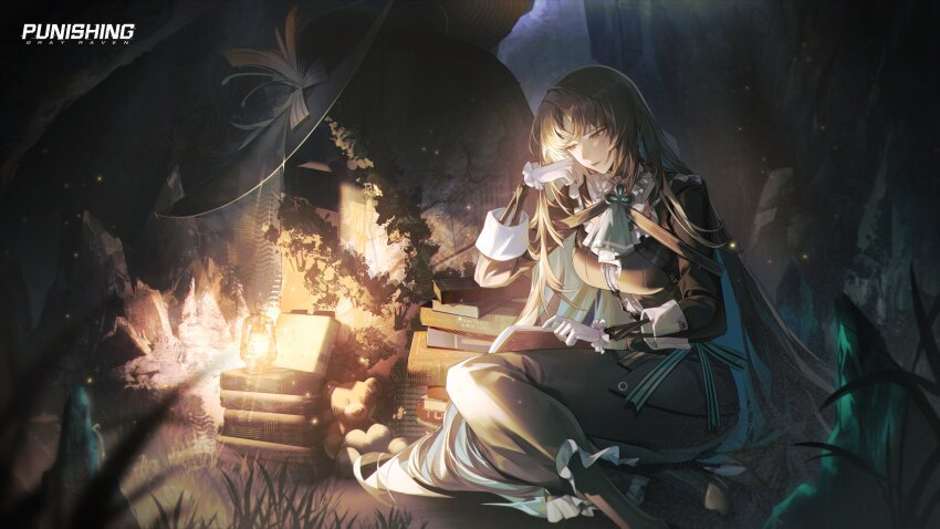 1girl, absurdres, arm_up, ascot, black_eyes, black_lips, black_pants, black_suit, blonde_hair, book, book_stack, breasts, collar, colored_inner_hair, commentary, copyright_name, dress, english_commentary, formal_clothes, frilled_collar, frilled_gloves, frilled_pants, frills, gloves, green_ascot, green_hair, highres, lamp, large_breasts, long_hair, long_sleeves, looking_at_object, melinoe_(pgr), multicolored_hair, official_art, pants, punishing:_gray_raven, reading, sitting, skeletal_arm, sleeve_cuffs, solo, stuffed_animal, stuffed_toy, suit, teddy_bear, very_long_hair, white_gloves