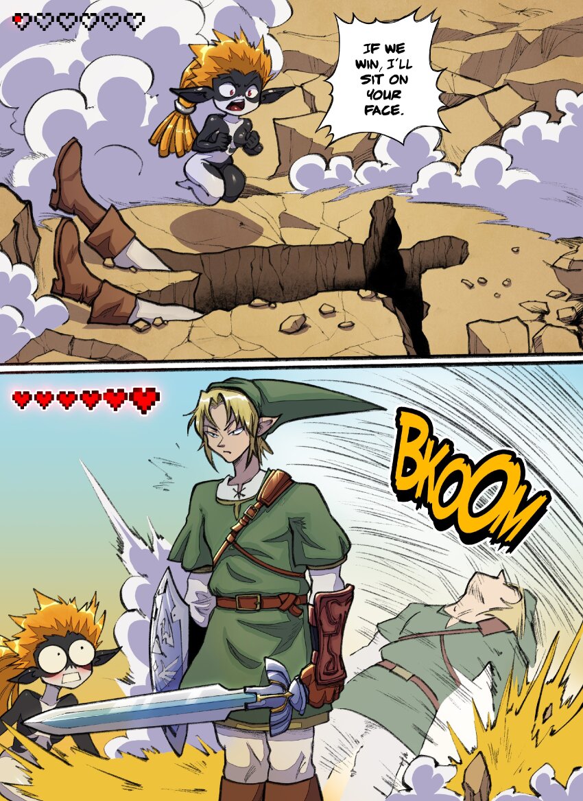 1boy, 1girl, :/, absurdres, black_skin, blue_skin, blush, colored_sclera, colored_skin, english_text, fake_screenshot, hetero, highres, holding, holding_shield, holding_sword, holding_weapon, if_we_win_i'll_sit_on_your_face_(meme), injury, link, long_hair, looking_ahead, looking_at_another, meme, mesiasart, midna, motion_lines, multicolored_skin, nintendo, orange_hair, ponytail, red_eyes, shield, shiny_skin, short_hair, surprised, sword, the_legend_of_zelda, the_legend_of_zelda:_twilight_princess, two-tone_skin, weapon, wide_hips, yellow_sclera