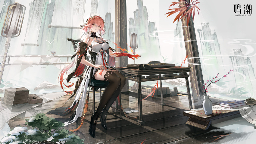 1girl, architecture, bare_shoulders, black_collar, black_jacket, black_shoes, black_sleeves, black_thighhighs