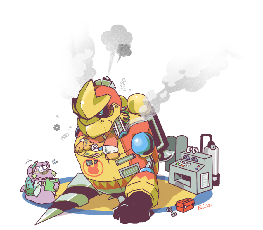 2boys, @_@, drill_hand, escargon, flying_sweatdrops, holding, holding_pencil, king_dedede, kirby:_right_back_at_ya!, kirby_(series), kirby_mass_attack, monocle, multiple_boys, nintendo, pencil, rice_(kotobuki), robot, signature, smoke, snail_shell, toolbox, wrench