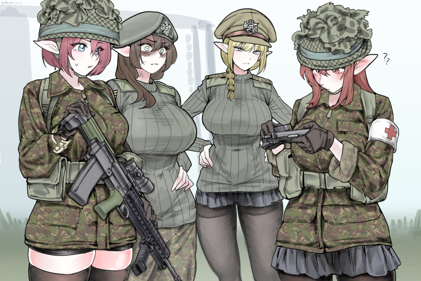 4girls, ammunition_pouch, assault_rifle, belt, beret, black_pantyhose, black_thighhighs, blonde_hair, blue_eyes, braid, braided_ponytail, breasts, brown_eyes, brown_hair, brown_hat, bullpup, camouflage, camouflage_jacket, camouflage_pants, combat_helmet, combat_medic, confused, covered_navel, cross, epaulettes, flying_sweatdrops, glaring, green_jacket, green_pants, green_skirt, grey_hair, grey_hat, grey_sweater, gun, hair_over_shoulder, hand_on_own_hip, handgun, hands_on_own_hips, hat, helmet, highres, holding, holding_gun, holding_magazine_(weapon), holding_weapon, jacket, large_breasts, long_hair, looking_at_another, m4skedboi, magazine_(weapon), military, military_hat, multiple_girls, original, pants, pantyhose, parted_lips, peaked_cap, pleated_skirt, pointy_ears, pouch, red_cross, red_cross_armband, rifle, shaded_face, skirt, standing, sweater, taut_clothes, taut_sweater, thighhighs, weapon, yellow_eyes, zettai_ryouiki