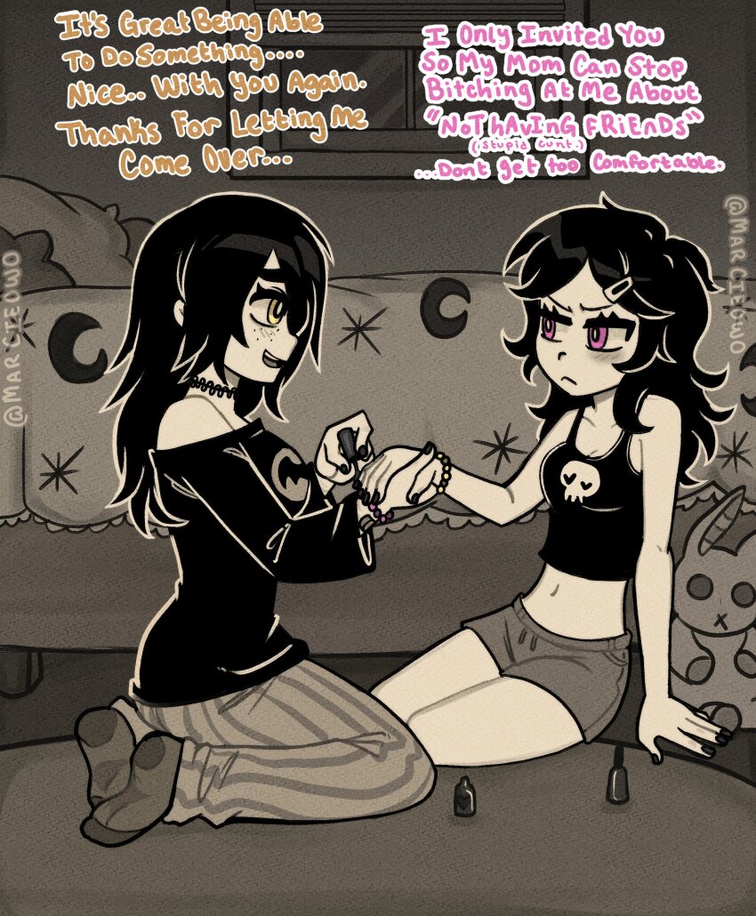 2girls, :<, :d, absurdres, annoyed, antenna_hair, applying_another's_manicure, arm_at_side, arm_support, ashley_graves, bare_arms, bare_shoulders, bed, breasts, bright_pupils, carpet, choker, cleavage, closed_mouth, collarbone, commentary, crescent_print, drawstring, english_commentary, english_text, eye_contact, face-to-face, film_grain, freckles, frown, full_body, greyscale, hair_down, hair_ornament, hair_over_shoulder, hairclip, hand_up, hands_up, highres, holding_hands, indoors, julia_(the_coffin_of_andy_and_leyley), long_hair, long_sleeves, looking_at_another, marcieowo, midriff, monochrome, multiple_girls, nail_polish, navel, no_shoes, off-shoulder_shirt, off_shoulder, open_mouth, pants, parted_bangs, pillow, pink_eyes, profanity, raised_inner_eyebrows, shirt, short_shorts, shorts, sidelocks, simple_background, sitting, skinny, skull_brooch, small_breasts, smile, socks, spot_color, straight_hair, striped_clothes, striped_pants, stuffed_animal, stuffed_rabbit, stuffed_toy, talking, tank_top, teeth, the_coffin_of_andy_and_leyley, thick_eyebrows, twitter_username, upper_teeth_only, v-shaped_eyebrows, vertical-striped_clothes, vertical-striped_pants, wariza, window, yellow_eyes