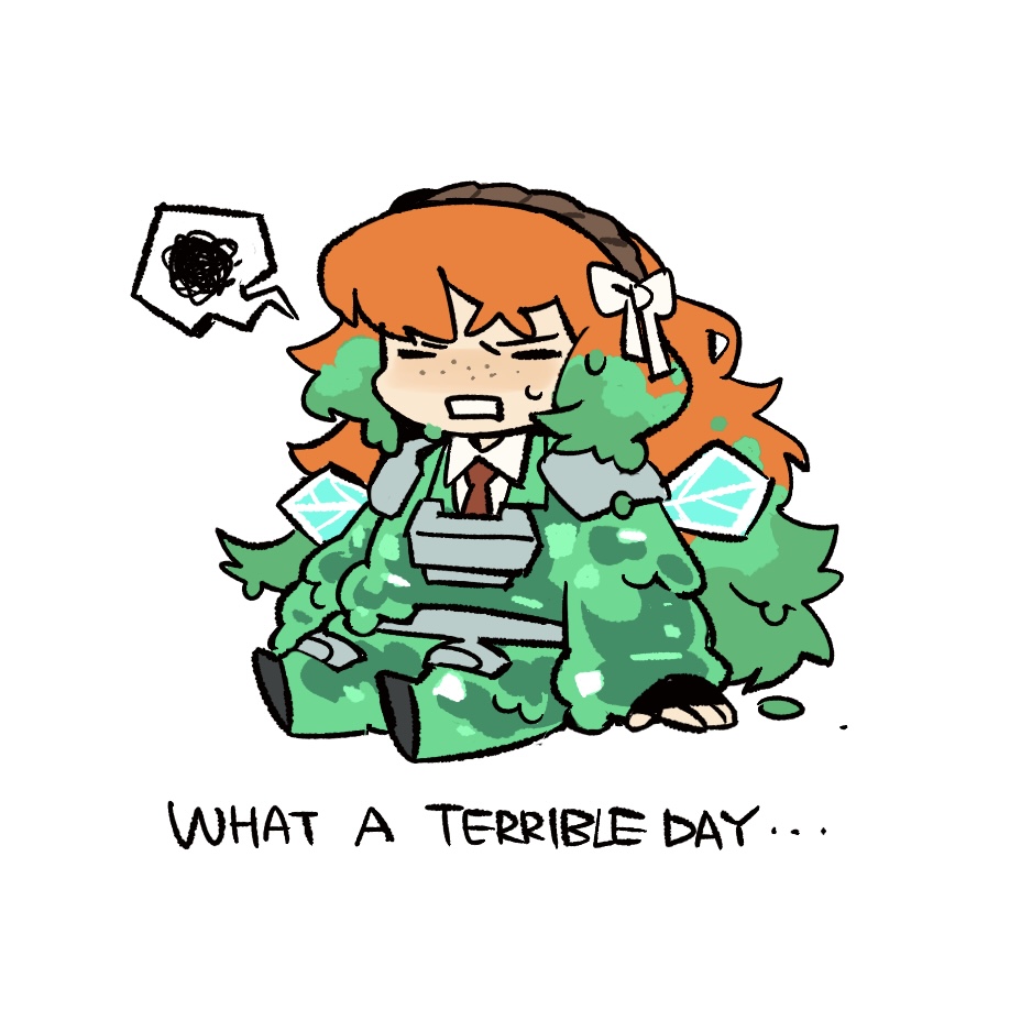 1girl, bow, brown_hairband, closed_eyes, e.g.o_(project_moon), fairy_wings, freckles, hair_bow, hairband, ishmael_(project_moon), kgdjeisk, limbus_company, long_hair, open_mouth, orange_hair, project_moon, rope, sidelocks, sitting, sloshing_(e.g.o), solo, speech_bubble, spoken_squiggle, squiggle, sweat, technology_liberation_alliance_(identity)_(project_moon), very_long_hair, white_bow, wings