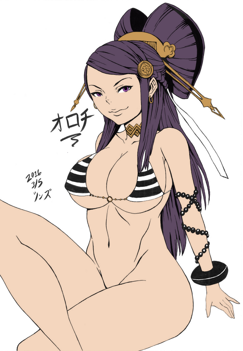 artist_name, bikini, bikini_top_only, bottomless, breasts, choker, cleavage, cleft_of_venus, crossed_legs, dated, fire_emblem, fire_emblem_fates, hair_ornament, highres, large_breasts, looking_at_viewer, midriff, miqotefag, navel, nintendo, orochi_(fire_emblem), purple_eyes, purple_hair, shinzu_(the-shinzu), simple_background, swimsuit, third-party_edit