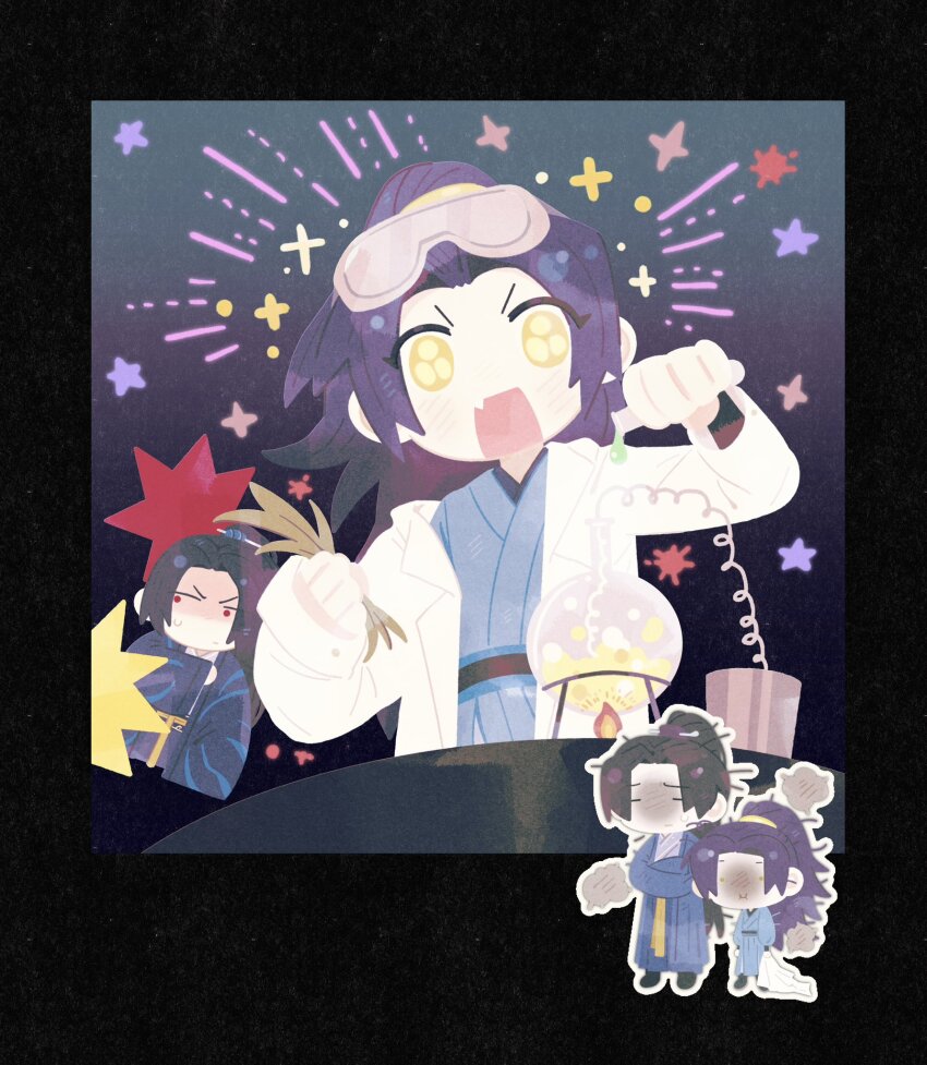 2boys, alcohol_burner, black_hair, blue_hair, blue_hanfu, blush, brothers, burnt_face