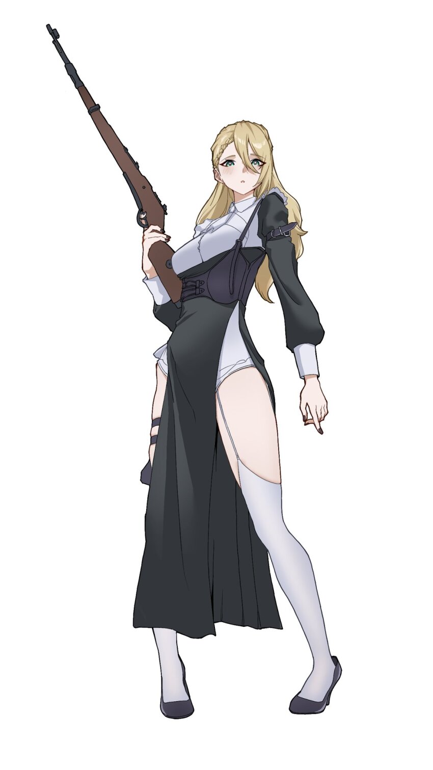 1girl, black_shoes, blonde_hair, blue_eyes, bolt_action, breasts, full_body, gun