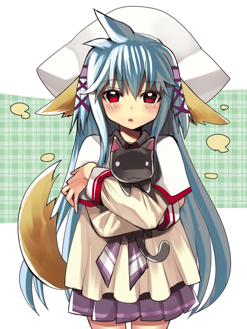 1girl, 2011, ahoge, animal, animal_ears, bad_id, bad_pixiv_id, blue_hair, blush, cat, cowboy_shot, dog_ears, dog_tail, female_focus, green_background, hair_between_eyes, hair_ornament, hat, holding, holding_animal, holding_cat, hug, long_hair, long_sleeves, looking_at_viewer, miniskirt, nursery_rhyme, plaid_background, pleated_skirt, purple_skirt, red_eyes, shikishima_krile, shirt, skirt, solo, standing, striped_clothes, striped_skirt, tail, white_background, white_hat, yui_tooru