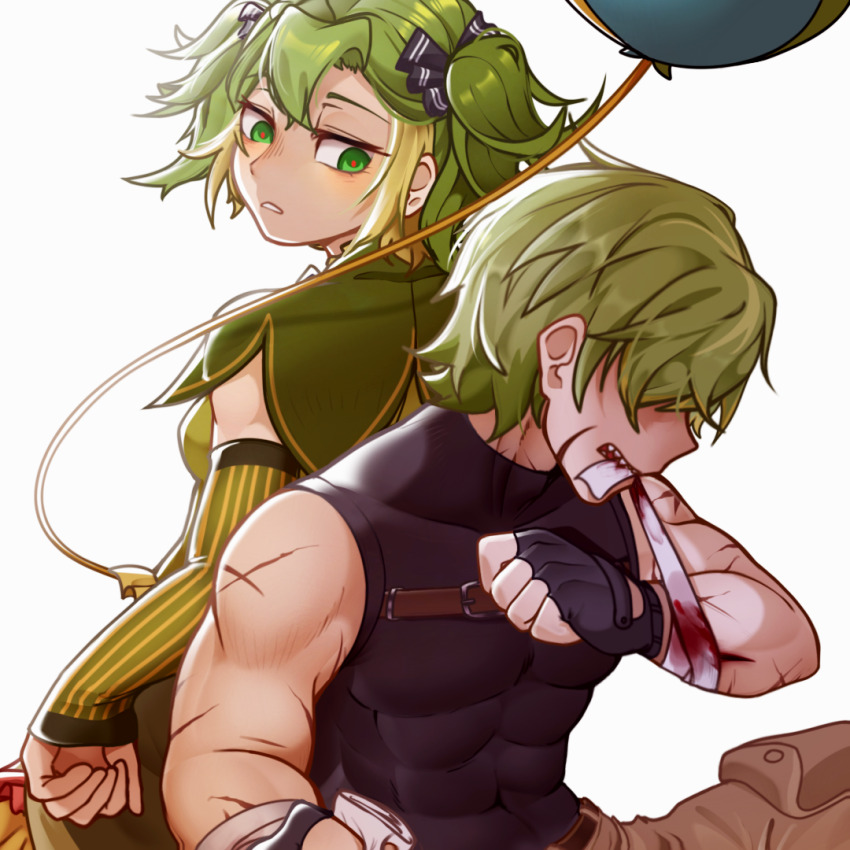 1boy, 1girl, arms_at_sides, back-to-back, backboob, backlighting, balloon, bandaged_arm, bandages, bare_shoulders, belt, black_bow, black_gloves, black_shirt, blonde_hair, boom_balloon_flower_(plants_vs._zombies), bow, breasts, brown_belt, brown_pants, chinese_commentary, commentary_request, covered_abs, covered_collarbone, covered_eyes, covered_navel, cowboy_shot, curtained_hair, detached_sleeves, dress, expressionless, fingerless_gloves, gloves, green_dress, green_eyes, green_hair, green_sleeves, hair_between_eyes, hair_bow, hair_over_eyes, hand_up, headbutter_lettuce_(plants_vs._zombies), jitome, long_sleeves, looking_at_another, looking_back, mouth_hold, multicolored_hair, open_mouth, pants, parted_lips, personification, plants_vs._zombies, plants_vs._zombies_2, pocket, profile, red_pupils, scar, scar_on_arm, sharp_teeth, shirt, shirt_tucked_in, short_hair, short_twintails, sidelocks, simple_background, sitting, sleeveless, sleeveless_dress, sleeveless_shirt, sleeveless_turtleneck, sleeves_past_wrists, small_breasts, standing, streaked_hair, teeth, toned, toned_male, turtleneck, turtleneck_shirt, twintails, two-tone_hair, two-tone_sleeves, veghia, vertical-striped_sleeves, white_background, yellow_sleeves