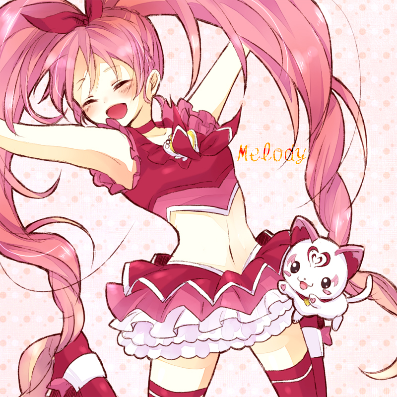 10s, 1girl, ^_^, armpits, arms_up, bow, braid, brooch