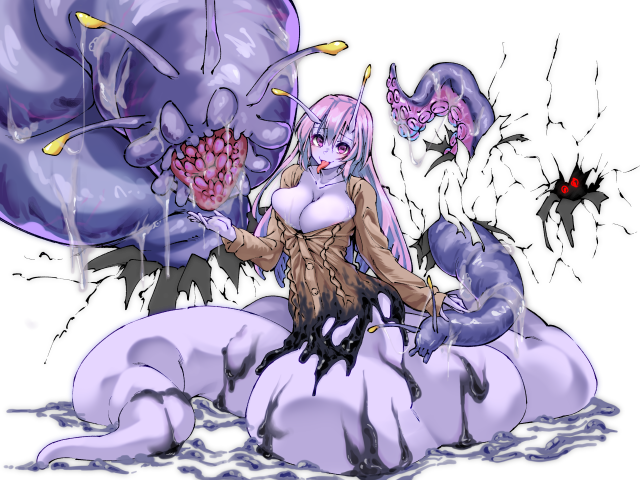 1girl, antennae, arm_at_side, arm_up, breasts, brown_shirt, cleavage, colored_skin