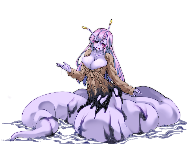 1girl, antennae, arm_at_side, arm_up, breasts, brown_shirt, cleavage, colored_skin