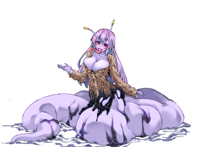 1girl, antennae, arm_at_side, arm_up, blush, breasts, brown_shirt, cleavage