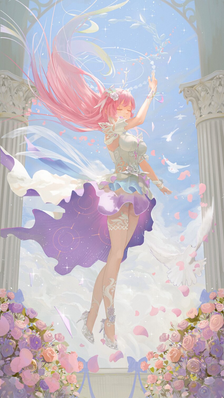 1girl, absurdres, bird, blue_sky, breasts, closed_eyes, commentary, cyrene_(demiurge)_(honkai:_star_rail), cyrene_(honkai:_star_rail), dove, dress, flower, hair_flower, hair_ornament, halo, high_heels, highres, honkai:_star_rail, honkai_(series), large_breasts, long_hair, pink_flower, pink_hair, pink_rose, rose, sky, solo, stone_pillar, untranslatable_commentary, thighs, tim_l, very_long_hair, white_dress