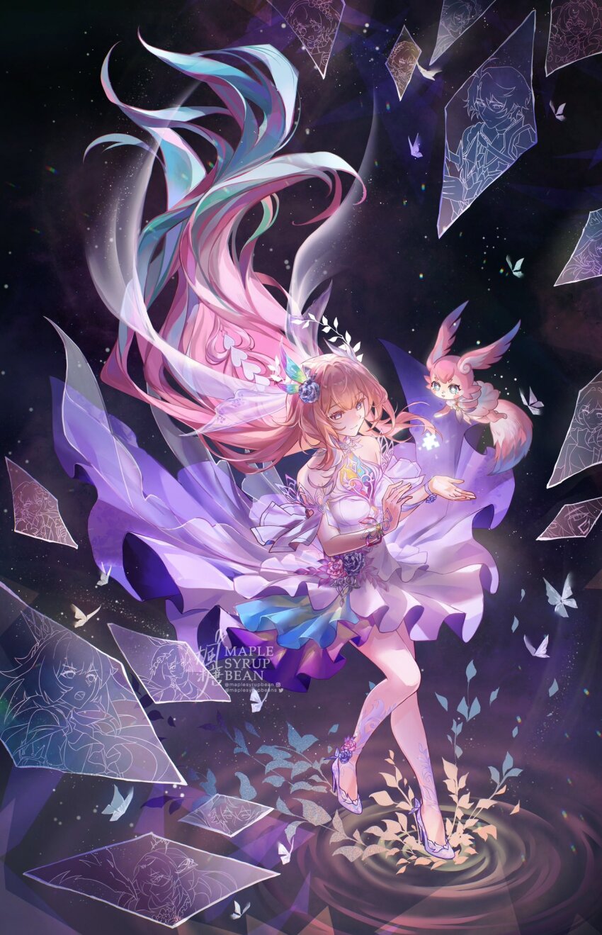 1girl, aglaea_(honkai:_star_rail), anaxa_(honkai:_star_rail), aqua_hair, bare_shoulders, breasts, bridal_veil, castorice_(honkai:_star_rail)