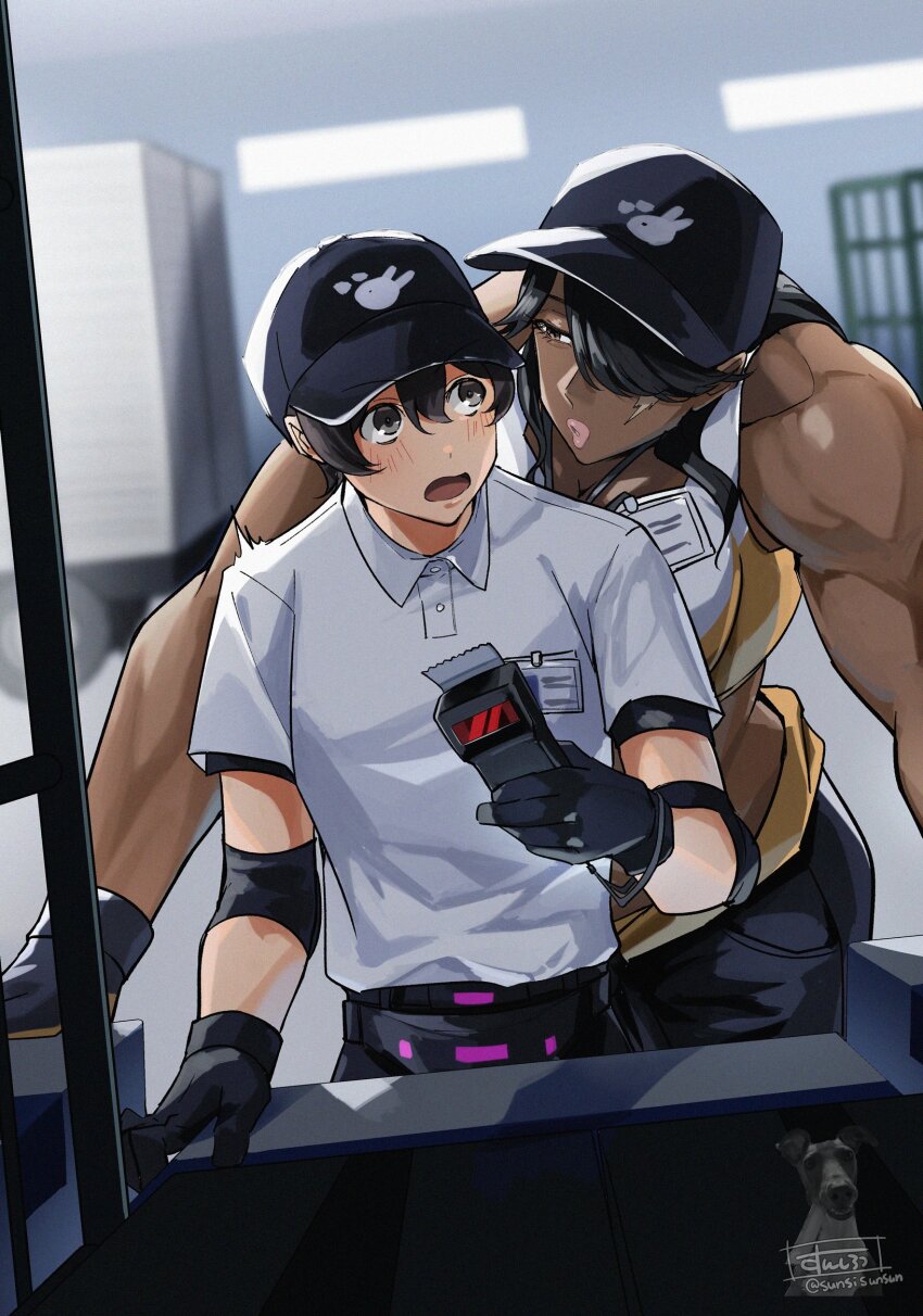 2girls, amane_(bad_ass_buddies), androgynous, animal_print, bad_ass_buddies, bare_arms, baseball_cap, black_gloves