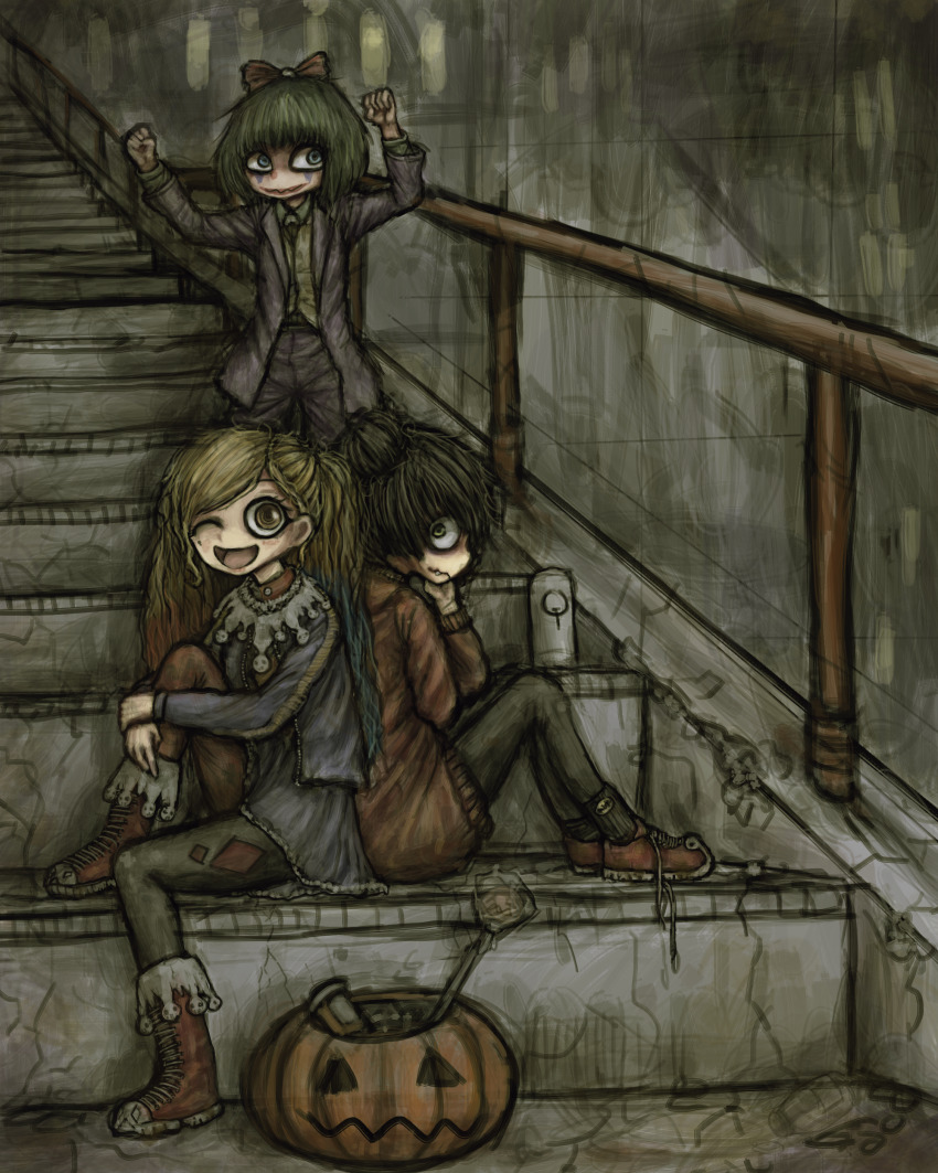 3girls, absurdres, adoptive_siblings, batman_(series), batman_symbol, black_hair, black_socks, blonde_hair, blue_eyes, breasts, clown, coco_schoppenboer, collar, commentary, cosplay, dancing, dc_comics, english_commentary, facepaint, green_hair, green_shirt, hair_bun, hair_over_one_eye, halloween, halloween_bucket, halloween_costume, harley_quinn, harley_quinn_(cosplay), highres, hood, hoodie, jack-o'-lantern, jacket, joker_(2019), joker_(dc)_(cosplay), long_sleeves, looking_at_viewer, makeup, maya_schoppenboer, medicine_bottle, mitchelf, multiple_girls, mymy_schoppenboer, one_eye_closed, ongezellig, pants, pantyhose, purple_jacket, red_shoes, shirt, shoes, short_hair, siblings, sisters, smile, socks, stairs, the_joker, untied_shoelaces, white_collar, yellow_eyes