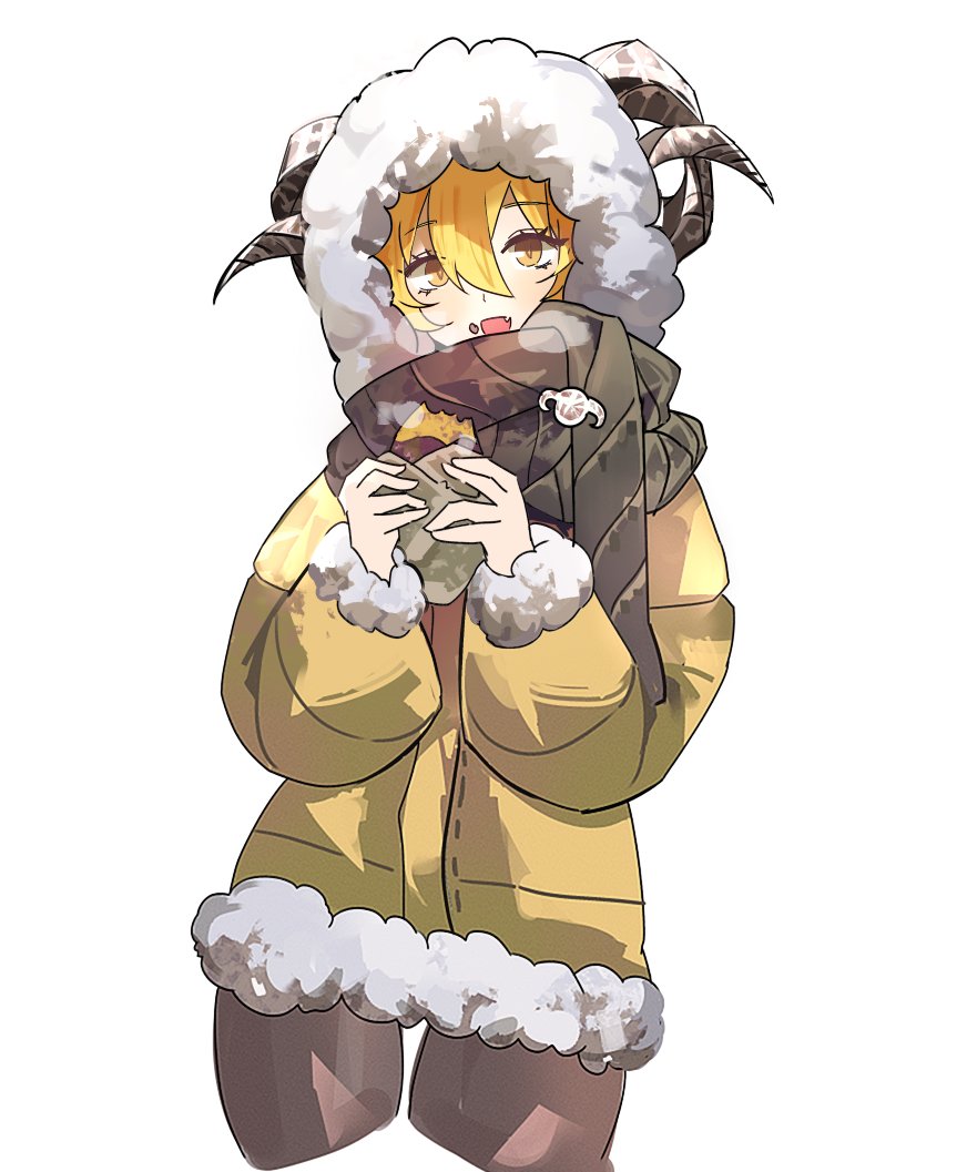 1girl, :d, animal_pin, blonde_hair, brown_scarf, don_quixote_(project_moon), fang, food