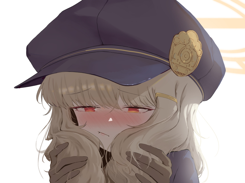 1girl, absurdres, aoba_(blue_archive), blonde_hair, blue_archive, blue_hat, blush, brown_gloves