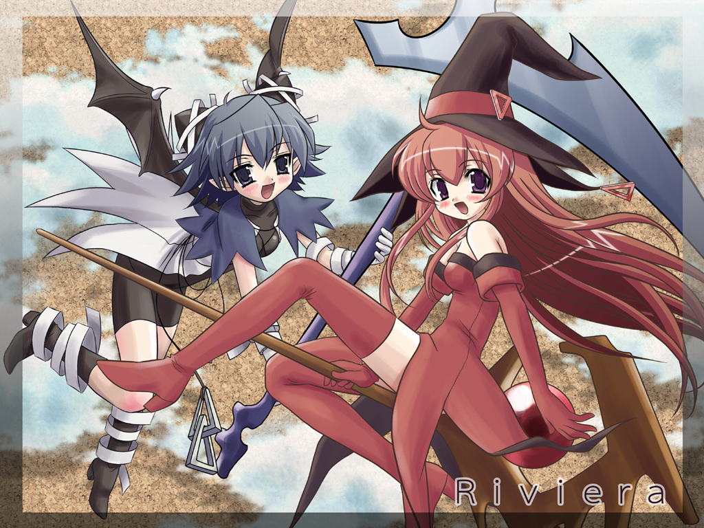 2girls, bandages, bat_wings, blue_eyes, blue_hair, cierra_(riviera), elbow_gloves, gloves