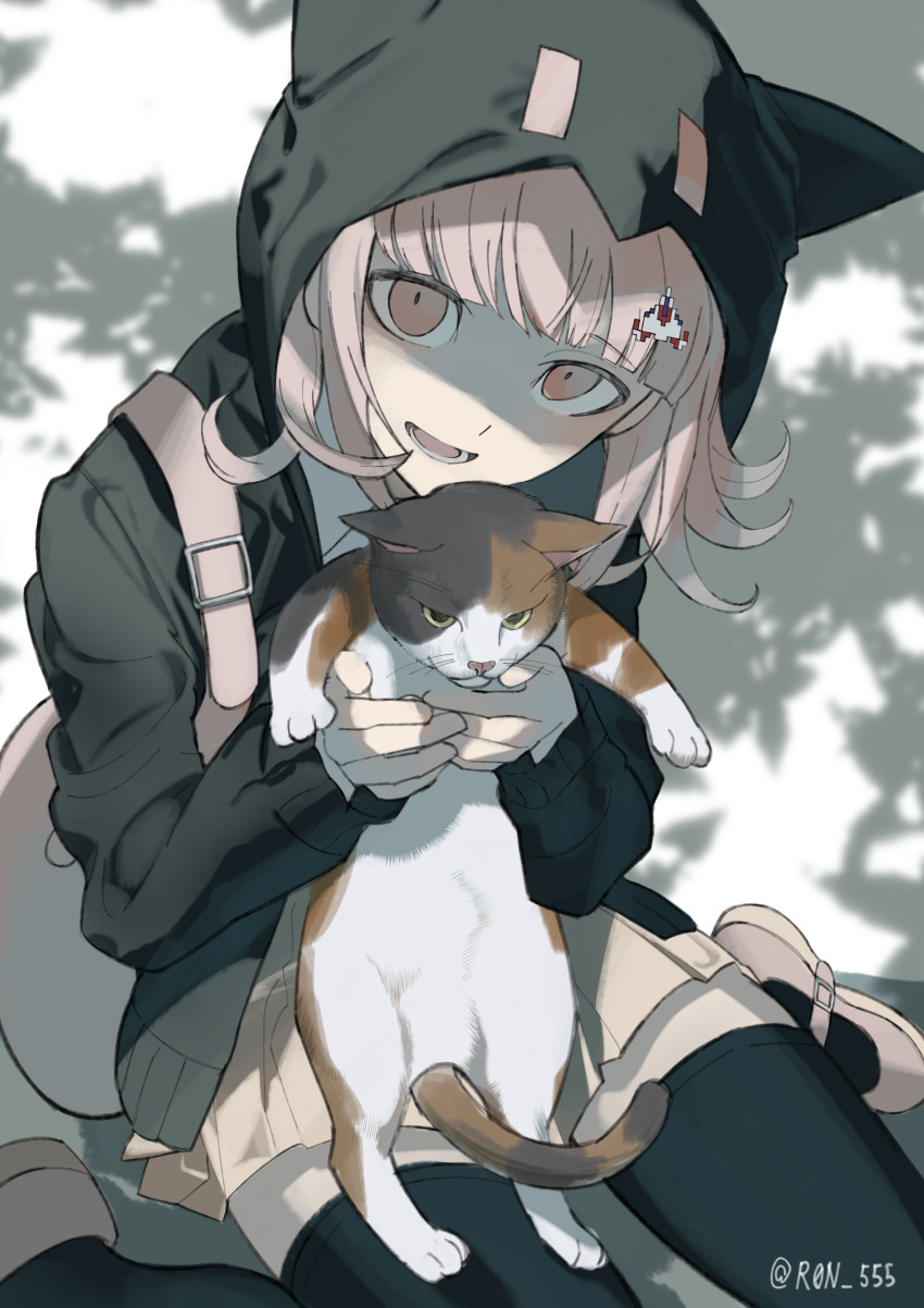 1girl, :d, absurdres, animal, animal_ear_hood, animal_ears, black_thighhighs, blunt_bangs, brown_hair, brown_skirt, cat, cat_ears, commentary_request, danganronpa_(series), danganronpa_2:_goodbye_despair, fake_animal_ears, flipped_hair, hair_ornament, hareruya_(smomo2227), highres, holding, holding_animal, holding_cat, hood, hood_up, jacket, knees_out_of_frame, long_sleeves, looking_at_viewer, medium_hair, miniskirt, nanami_chiaki, open_clothes, open_jacket, open_mouth, pink_bag, pink_eyes, pleated_skirt, shaded_face, shirt, sitting, skirt, sleeves_past_wrists, smile, solo, thighhighs, wariza, white_shirt, zettai_ryouiki