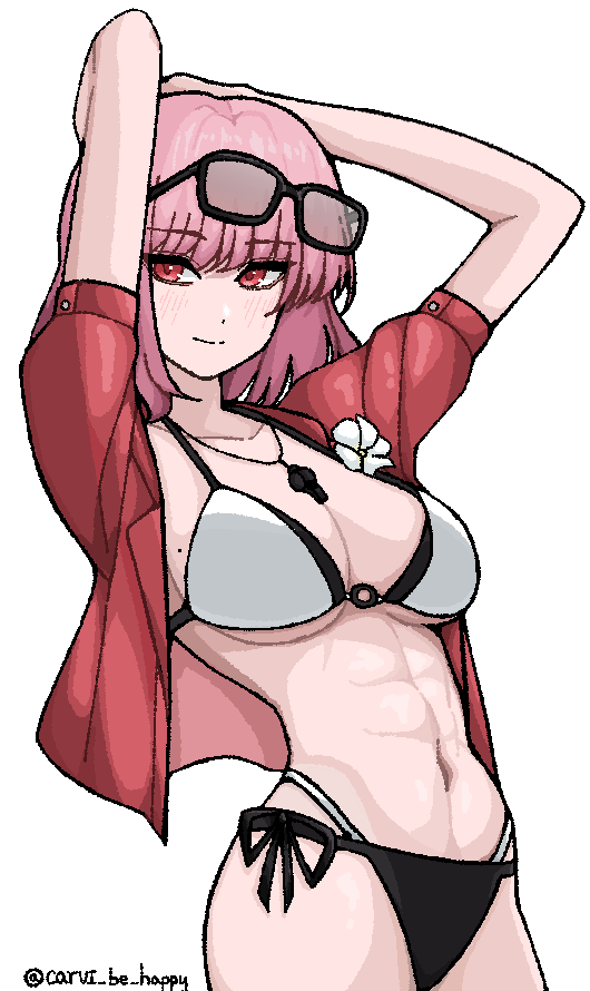 abs, arms_behind_head, arms_up, bikini, blush, breasts, carvi_be_happy, cleavage