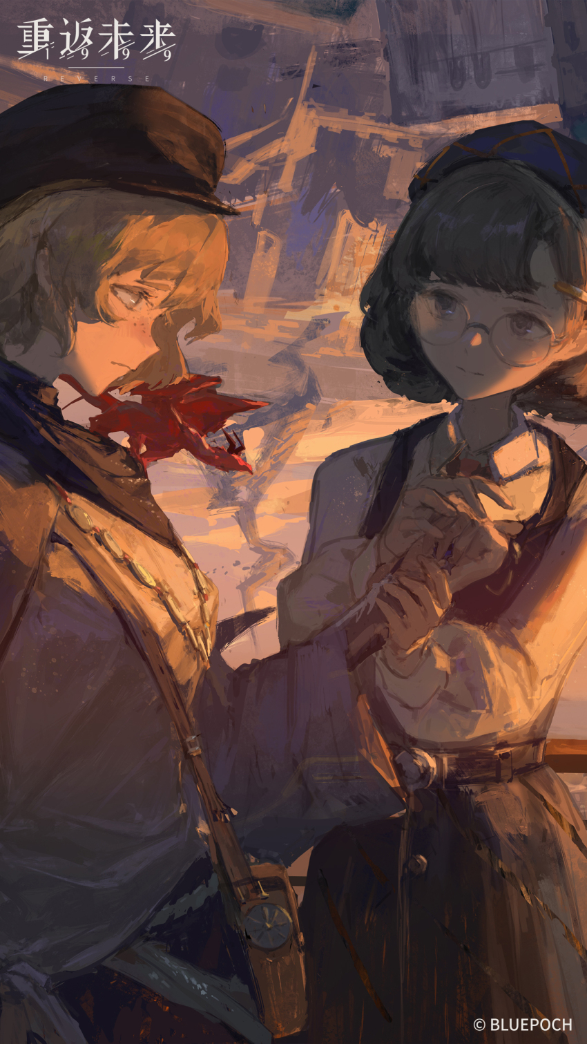 2girls, absurdres, bag, beret, blonde_hair, blue_neckerchief, brown_bag, brown_eyes