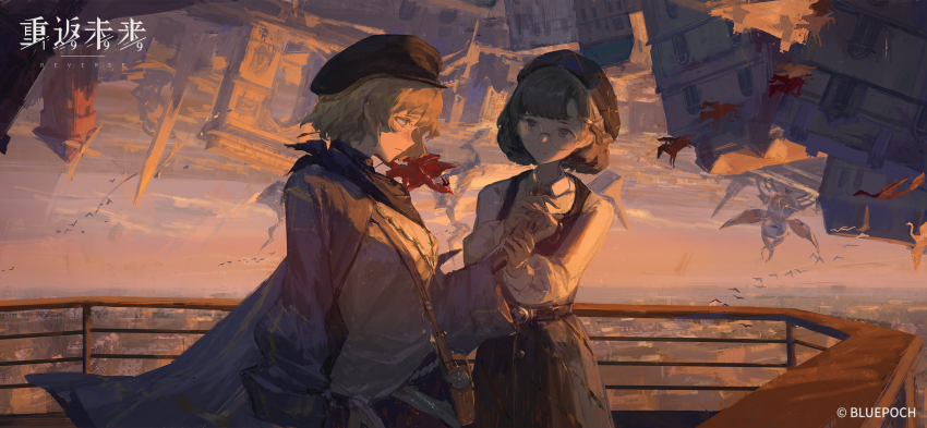 2girls, arc_de_triomphe, bag, beret, blonde_hair, blue_neckerchief, brown_bag, brown_eyes