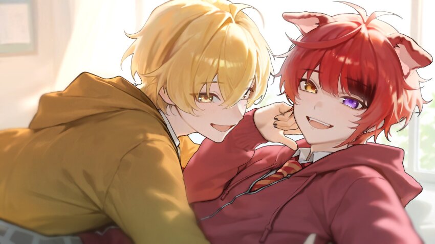 2boys, animal_ears, antenna_hair, black_nails, blonde_hair, dog_ears, hair_between_eyes, heterochromia