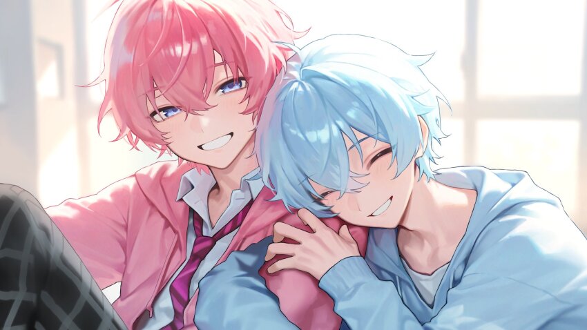 2boys, blue_eyes, blue_hair, blue_hoodie, closed_eyes, colon_(stpri), grin, hair_between_eyes