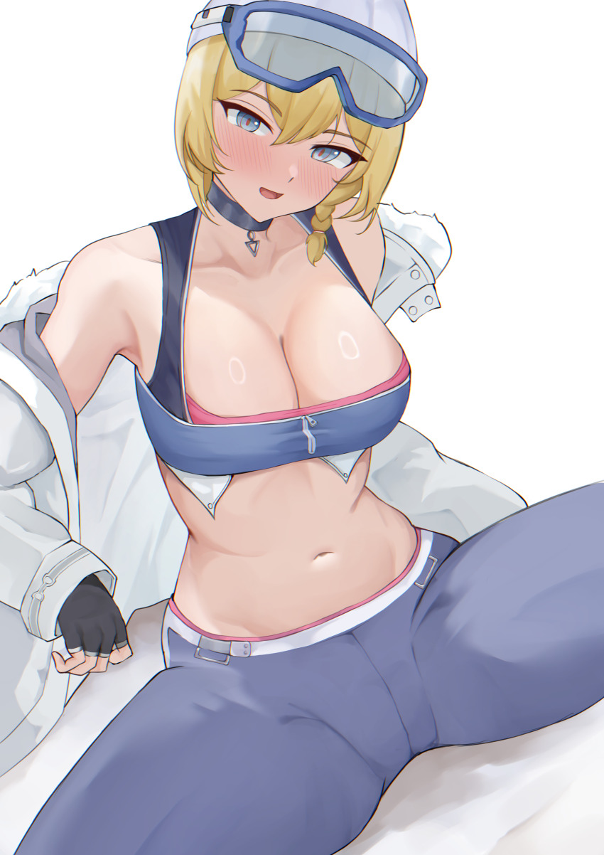 1girl, :d, absurdres, beanie, blonde_hair, blue_eyes, blue_pants, blue_sports_bra