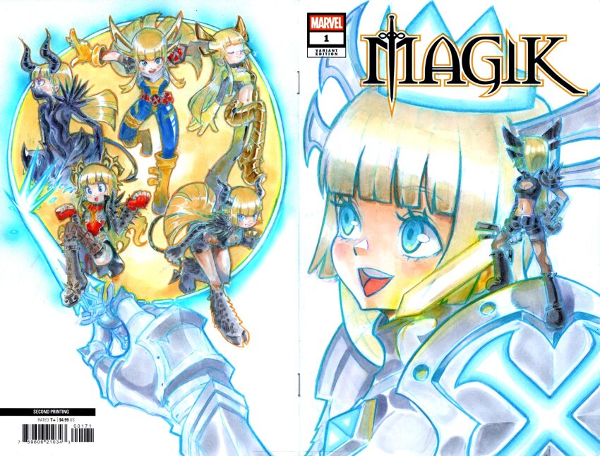 1girl, :d, armor, barcode, black_bodysuit, black_boots, black_horns, black_pantyhose