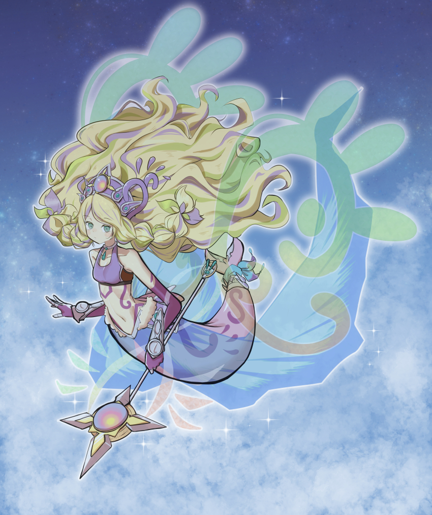 1girl, absurdres, aqua_eyes, armor, bare_shoulders, big_hair, blonde_hair, blue_skirt, body_markings, braid, breasts, closed_mouth, collar, collarbone, colored_extremities, commentary_request, dress, duel_monster, faulds, floating_hair, full_body, green_hair, grey_collar, headgear, highres, holding, holding_staff, kawa_iruka, long_hair, looking_at_viewer, mermaid, midriff, monster_girl, multicolored_hair, navel, purple_dress, purple_hands, purple_sports_bra, reeshaddoll_wendikurhu, ritual_beast_tamer_wen, side_braids, sidelocks, skirt, small_breasts, solo, sparkle, sports_bra, staff, streaked_hair, swept_bangs, tail, tail_ornament, vambraces, very_long_hair, yu-gi-oh!