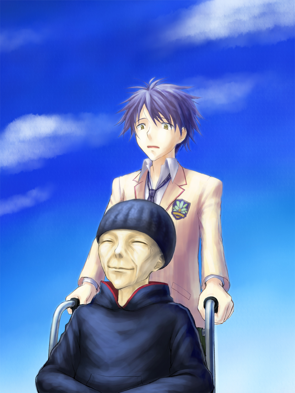 2boys, beanie, black_sweater, blazer, blue_hair, blue_sky, brown_jacket, chaos;head