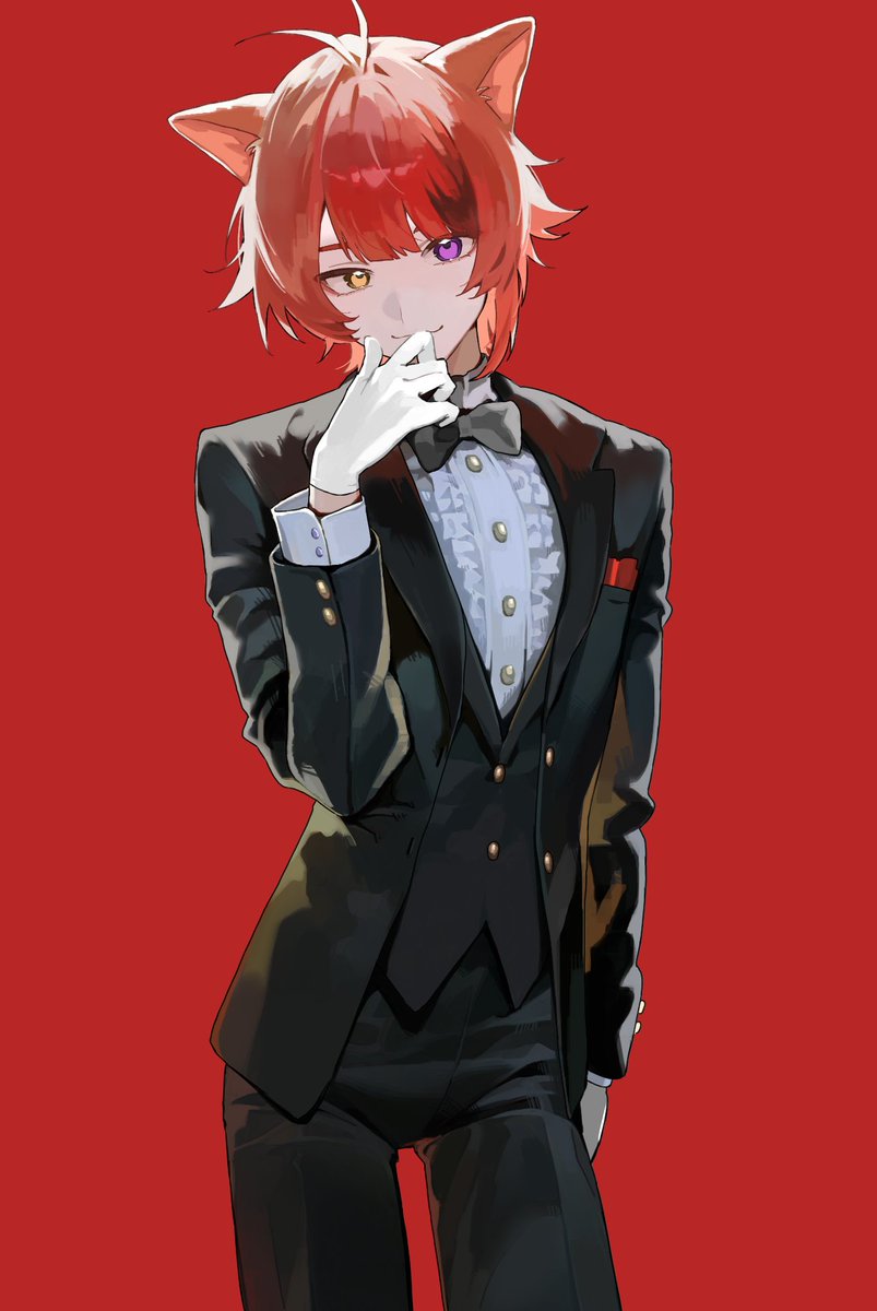 1boy, animal_ears, antenna_hair, black_bow, black_bowtie, black_pants, black_suit, bow