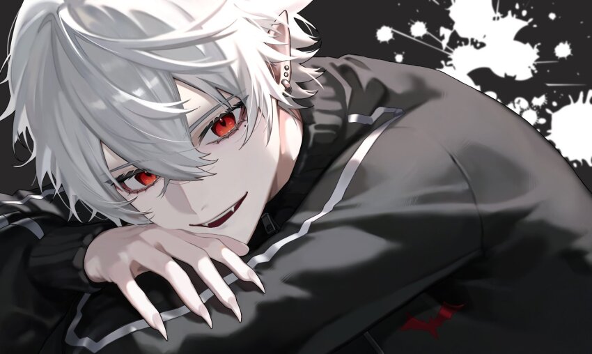 1boy, black_jacket, commentary, ear_piercing, fangs, fingernails, hair_between_eyes, head_rest, highres, jacket, kuzuha_(1st_costume)_(nijisanji), kuzuha_(nijisanji), long_sleeves, looking_at_viewer, male_focus, mole, mole_under_eye, nijisanji, open_mouth, piercing, pointy_ears, red_eyes, sharp_fingernails, short_hair, smile, solo, teeth, tsukishiro_yashiro, upper_teeth_only, virtual_youtuber, white_hair