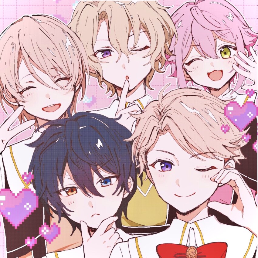 5boys, :<, ;), black_hair, blonde_hair, blue_eyes, bow, c54chu0113