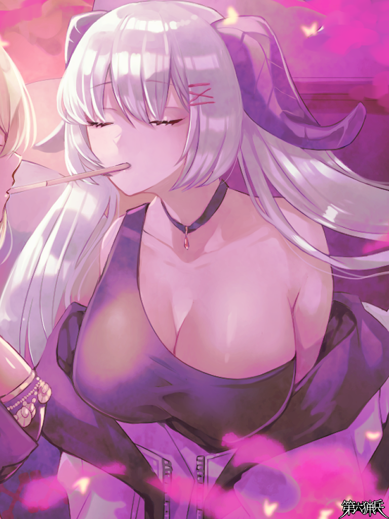 2girls, breasts, choker, cleavage, clona, copyright_name, dairoku_ryouhei, elbow_gloves, food, gloves, hair_ornament, hairclip, horns, indoors, large_breasts, lilithsphere_starlight, long_hair, multiple_girls, pocky, pocky_kiss, shared_food, solo_focus, white_hair, yuri